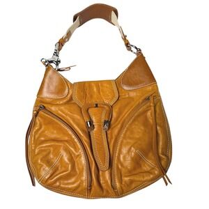 FRANCESCO BIASIA Leather Hobo Shoulder Bag Tan Buckle‎ Zip Pockets
